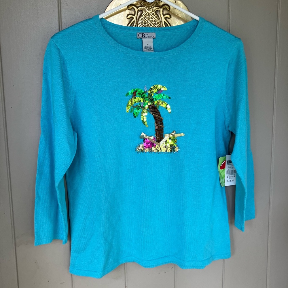 CB career blue palm tree Christmas top